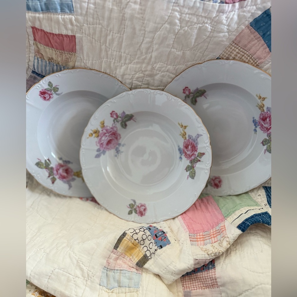 Bohemian “Maria” Floral, Scalloped Edge, Gold Trim, Soup Bowls-Set of 3